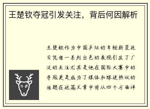 王楚钦夺冠引发关注，背后何因解析
