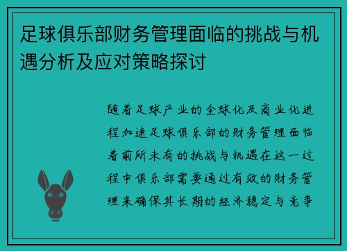 足球俱乐部财务管理面临的挑战与机遇分析及应对策略探讨